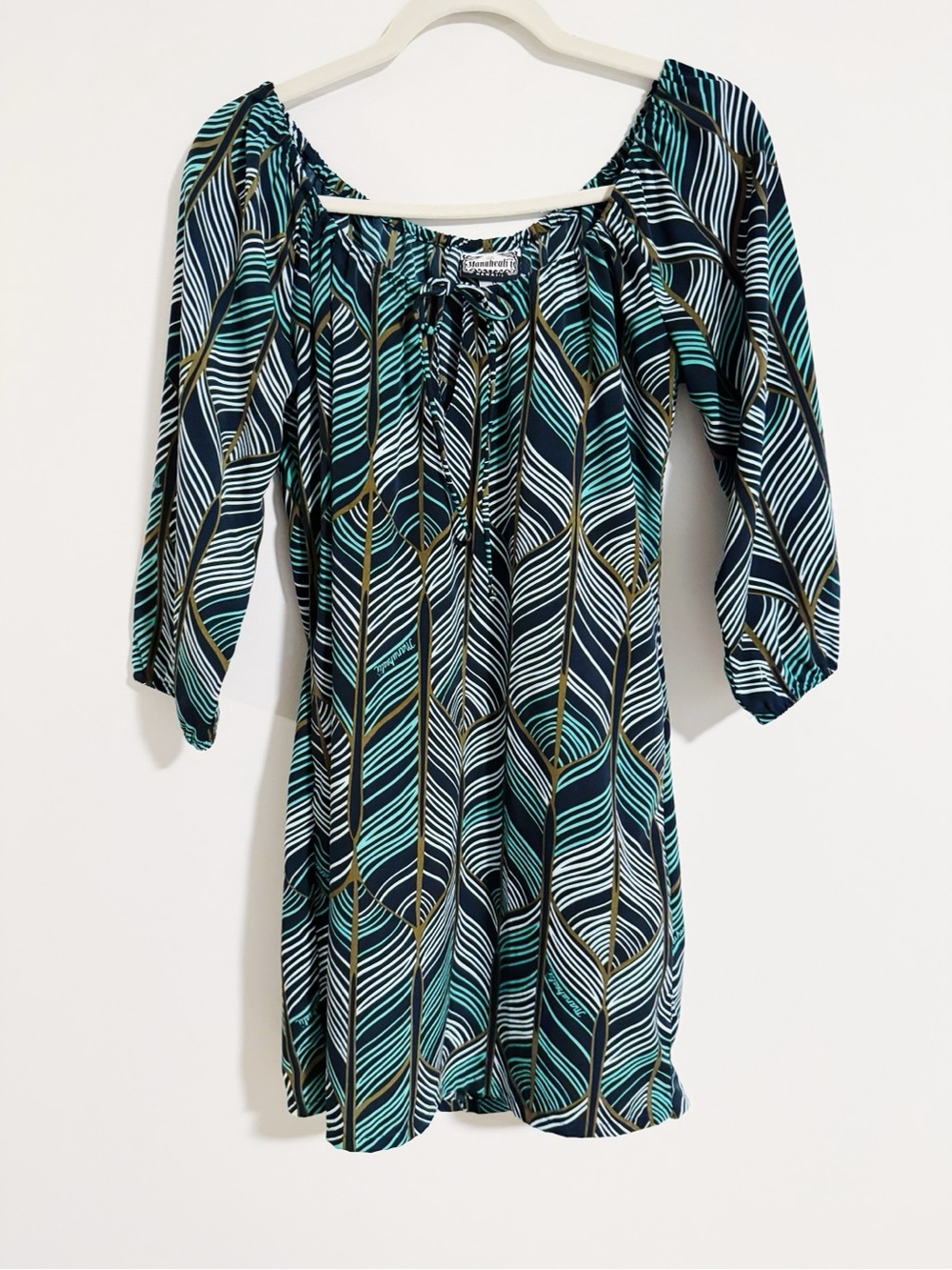 Manuhealii - Navy and Teal Leaf Print Off The Shoulder Dress